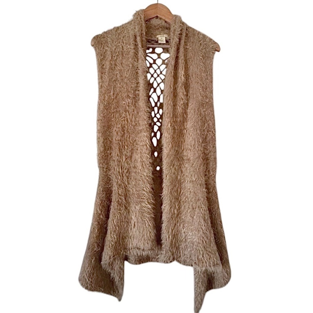 Escio Tan Fuzzy Eyelash Knit Vest XL Crochet Back Boho Open Front Sleeveless